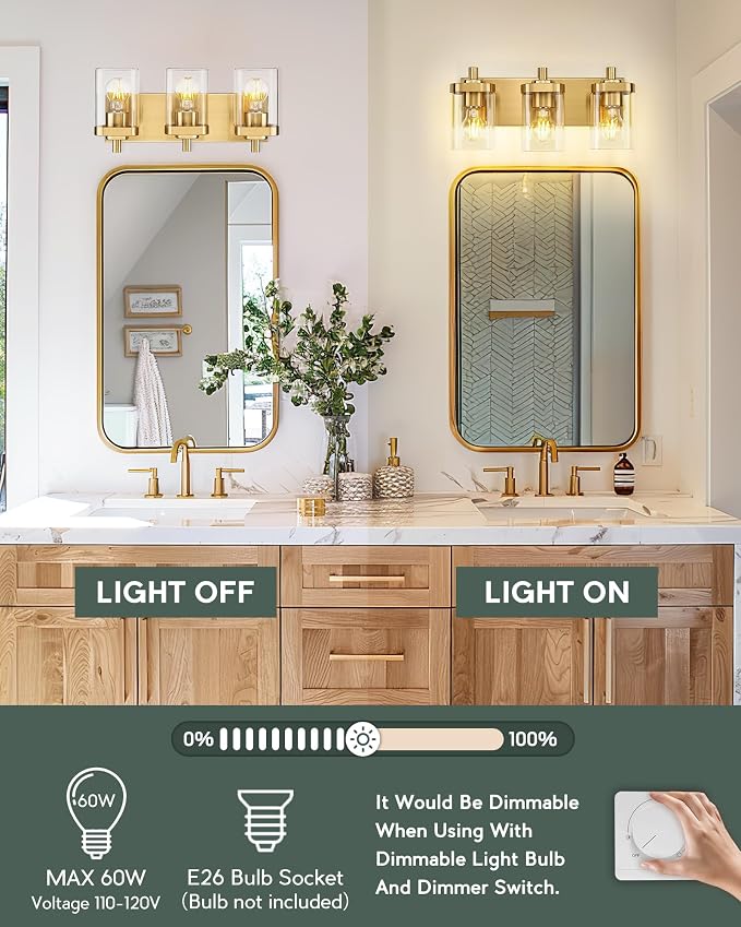 Bathroom Light Fixtures Over Mirror, 3-Light Brushed Gold Vanity Light - Image 6
