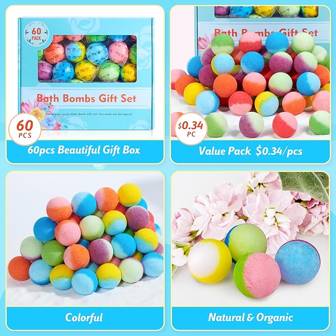 60 Pack Bath Bombs Set, Christmas Stocking Stuffers, Birthday Gift Set - Image 2