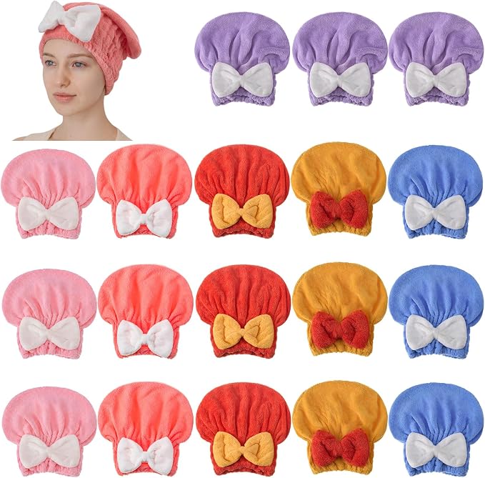 18 Pcs Hair Drying Caps with Cute Bow Fast Drying Soft and Absorbent Wet Hair by Unknown