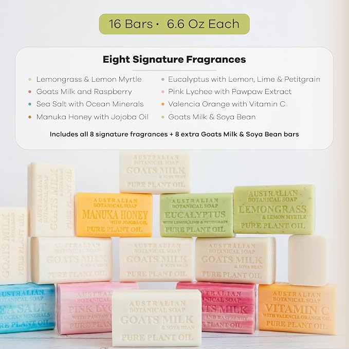 Australian Botanical Soap 16-Bar Set, Goats Milk & Soya Bean 8-Pack + Variety - Image 3