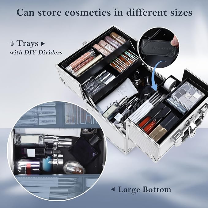 FRENESSA Makeup Train Case Makeup Organizer Box Portable Cosmetic Travel Case - Image 2