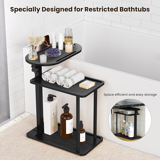 Bathtub Tray Table, Freestanding Bath Side Table Tub Tray Caddy, 3 Layer Bamboo - Image 3