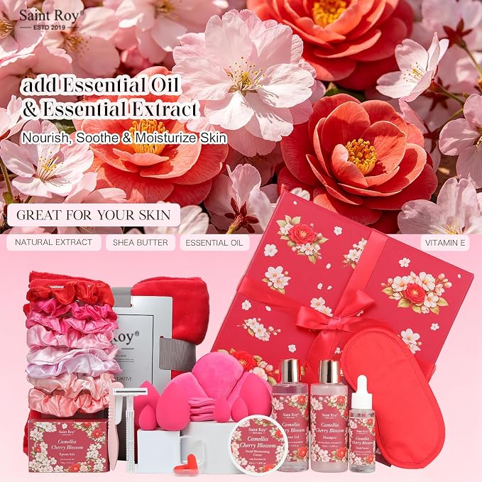 35 Pcs Valentines Day Gift for Women, Cherry Blossom Rose Bath and Body Basket - Image 3
