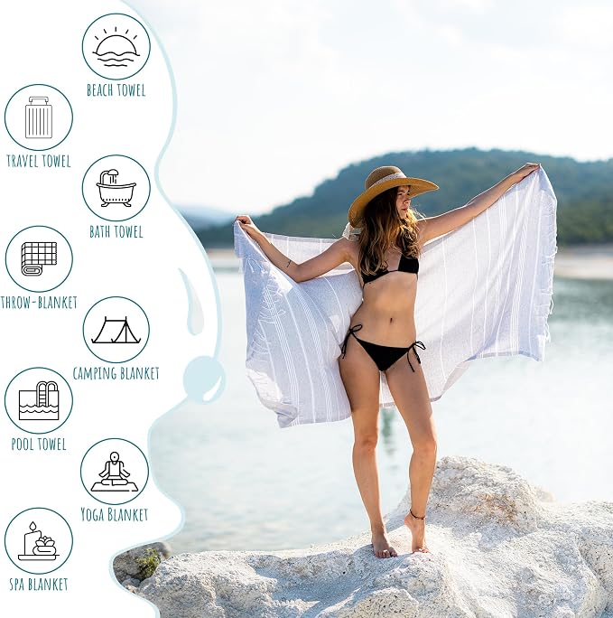 Ray Silver Turkish Beach Towel – 100% Cotton 40x71 Quick Dry Oversized Sand - Image 3