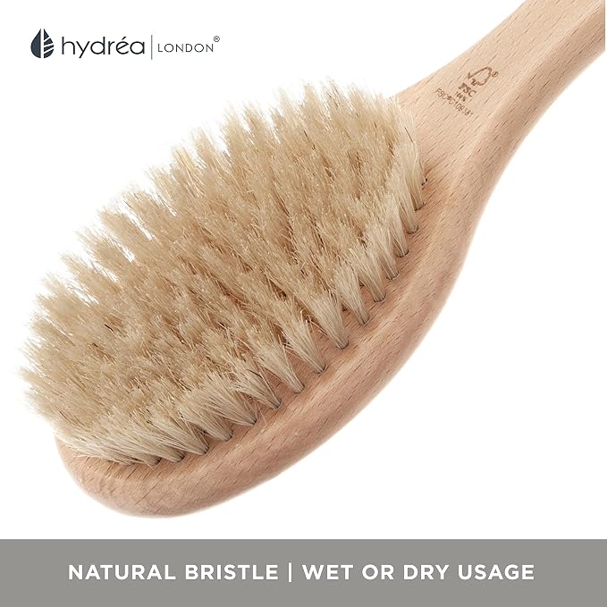 Hydrea London Body Brush Long Handled Exfoliating Back Scrubber, Natural Bristle - Image 4