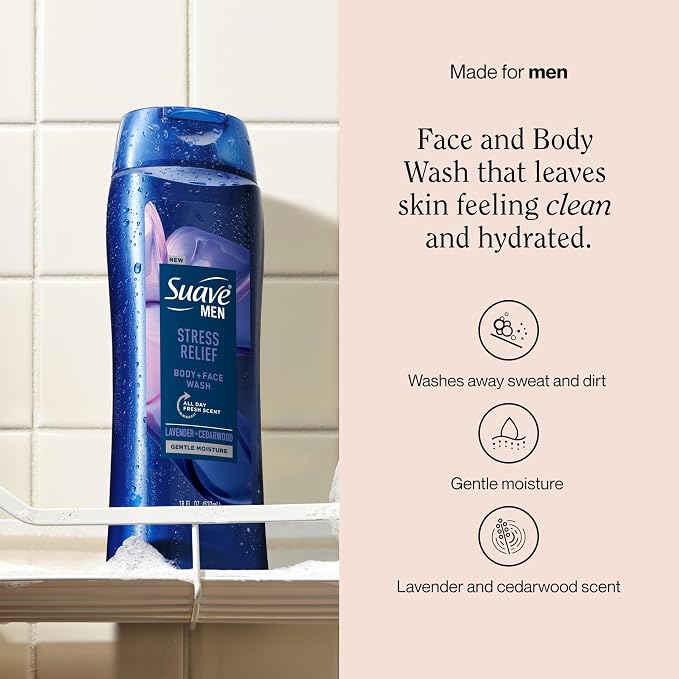 Suave Men’s Stress Relief Body + Face Wash, Gentle Moisture - Image 2