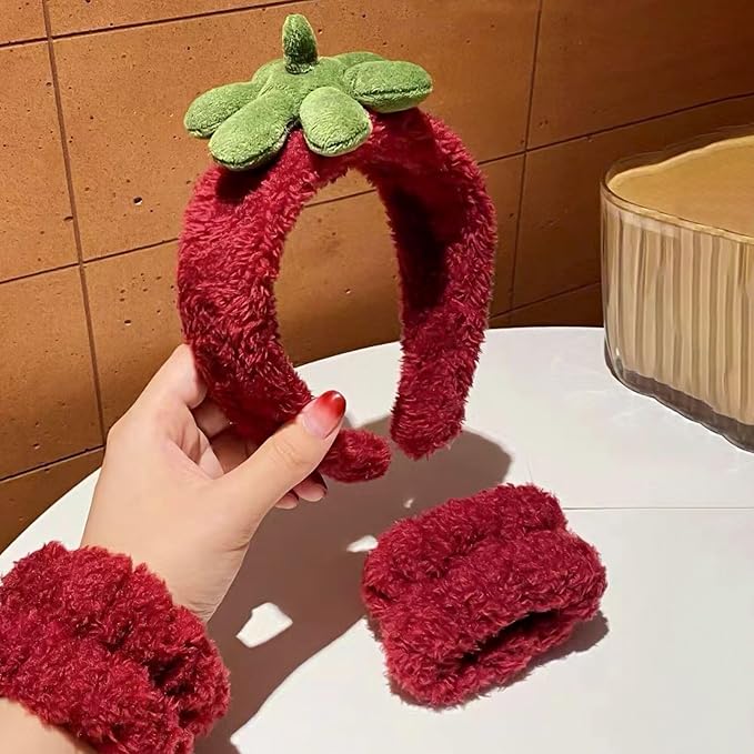 Ivyu Spa Skincare Headbands& Wristband Set，Cute Strawberry Makeup Headband - Image 3