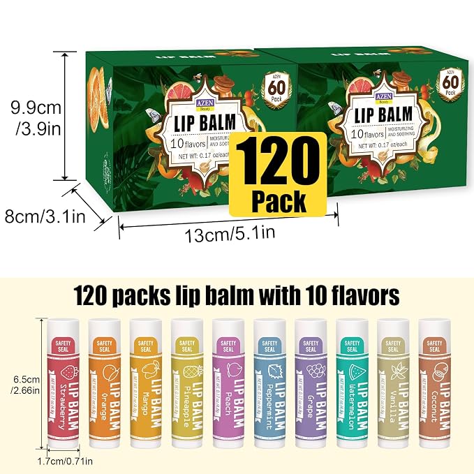 AZEN 120 Pack Lip Balm, Natural Lip Balm Bulk, Lip Care Product, Moisturizing - Image 7