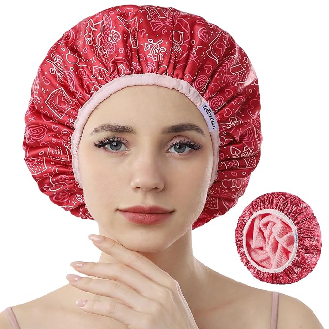 Years calm Terry Lined Shower Cap, Triple Layer Heart Motifs, Waterproof by Yearscalm