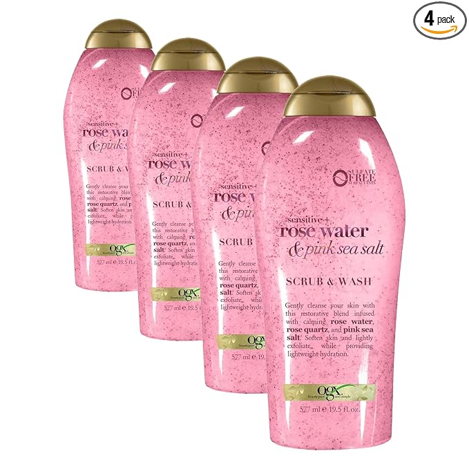 OGX Sensitive + Rose Water & Pink Sea Salt Exfoliating Body Scrub + Rose Quartz by OGX