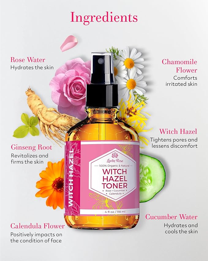 Witch Hazel Alcohol Free Toner by Leven Rose, 100% Pure Organic Facial Rose - Image 3