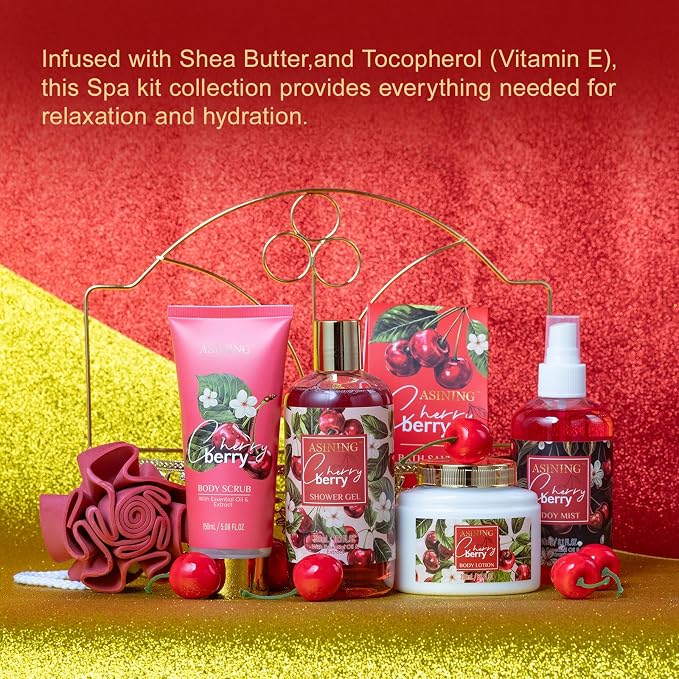 Bath & Body Basket Set, Cherry Fruit Scent Spa Gift Basket - Image 7