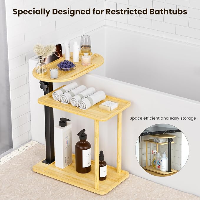Bathtub Tray Table, Freestanding Bath Side Table Tub Tray Caddy, 3 Layer Bamboo - Image 3
