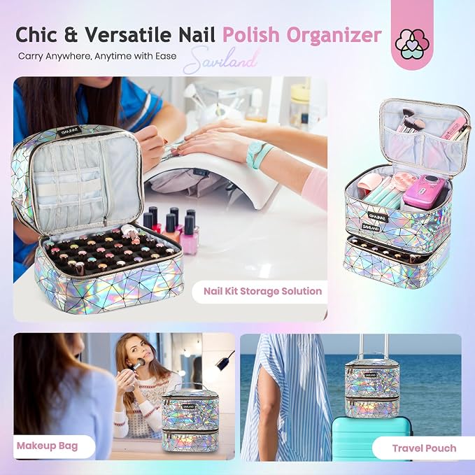 SAVILAND Nail Polish Organizer Bag: PU Leather Nail Kit Organizer Holds 30 - Image 6