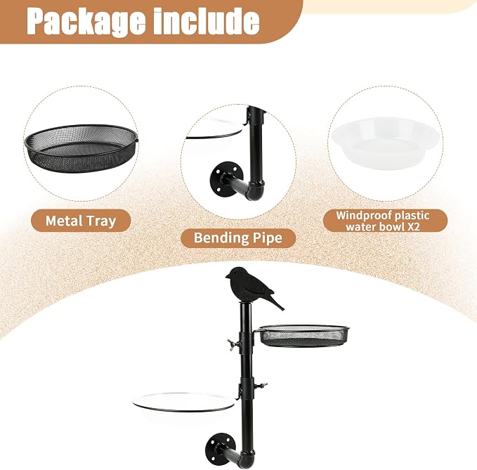 Wall-Mounted Bird Feeder with Metal Seed Tray and 2 Bath Bowls - Image 7