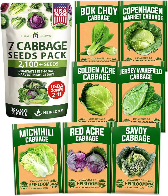HOME GROWN Cabbage Seeds 7 Variety Mix 2000+ Heirloom Non-GMO, High Germination by HOMEGROWN