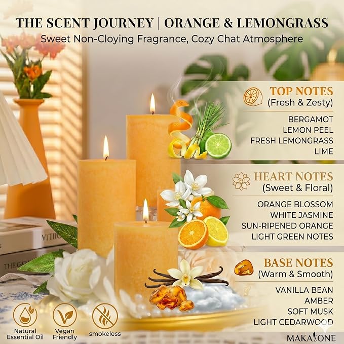 Orange Lemongrass Scented Pillar Candles 4 Pack, 60 Hours Long Lasting Burn - Image 3