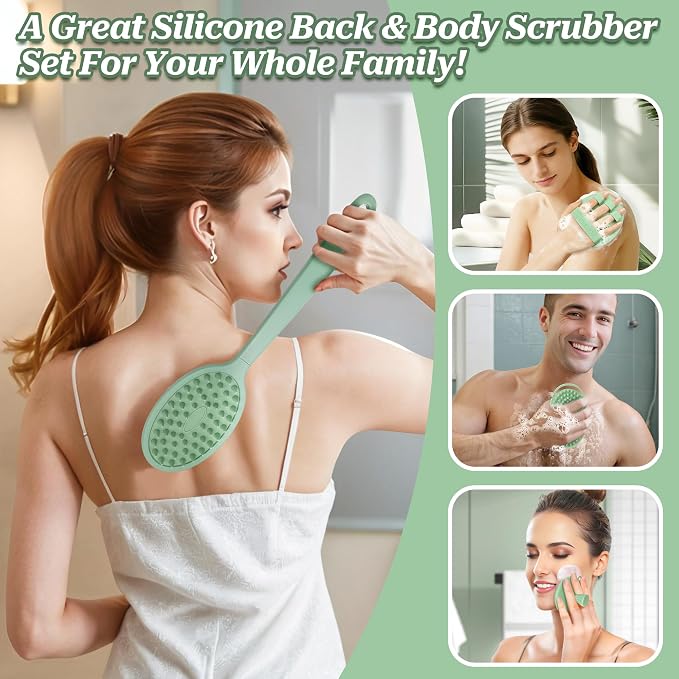 Silicone Back/Body/Face Scrubber & Soft Bath Glove Set 4PCS, Gentle Exfoliating - Image 8