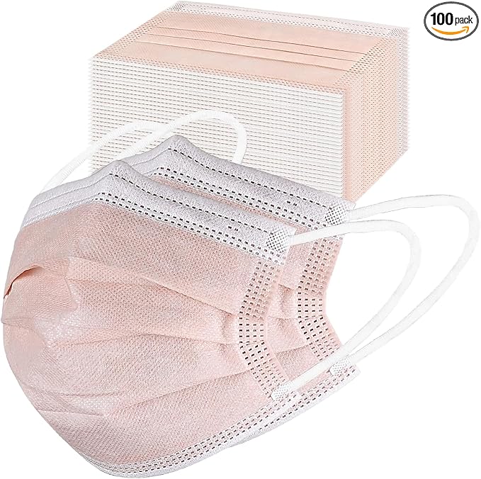 akgk Disposable Face Masks 100Pcs, 3 Layer Protective Face Mask Blush Pink Face by akgk