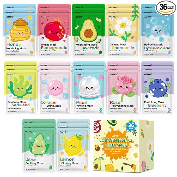 36 Pack Skincare Facial Masks, Hydrating & Moisturizing Face Masks by VESPRO
