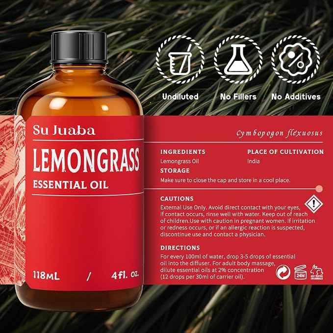 SU JUABA Lemongrass Essential Oil 4 Oz, 100% Pure Natural Aromatherapy Oil - Image 6