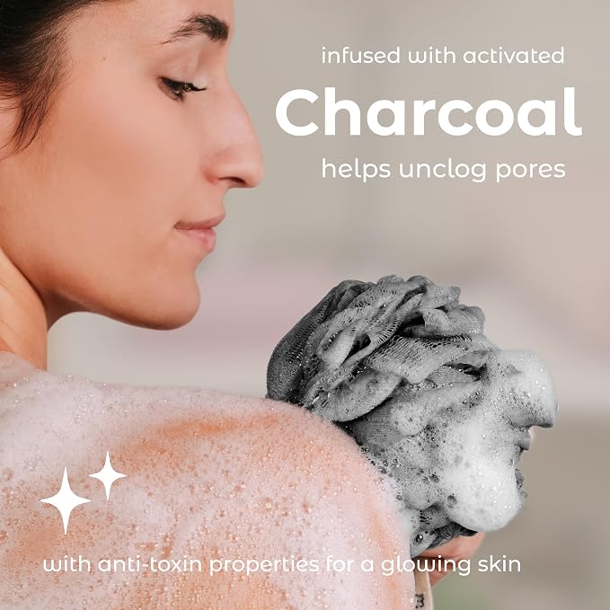 MainBasics Charcoal Infused Bath Shower Loofah Sponge Pouf Body Wash Scrubber - Image 5