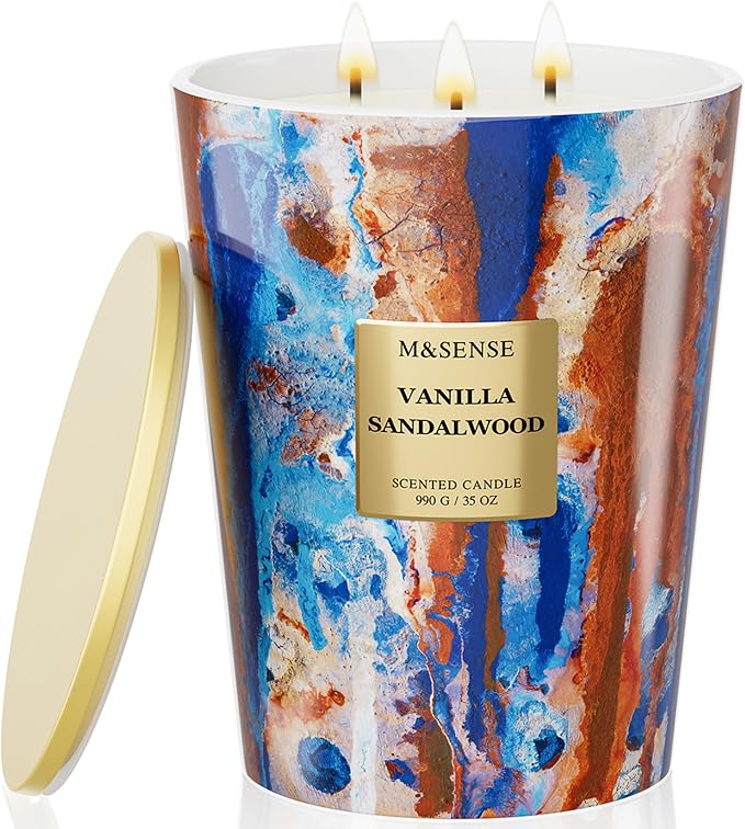 M&SENSE Large Soy Vanilla Sandalwood Scented Candle, 35oz 150 Hours 3-Wick by MSENSE