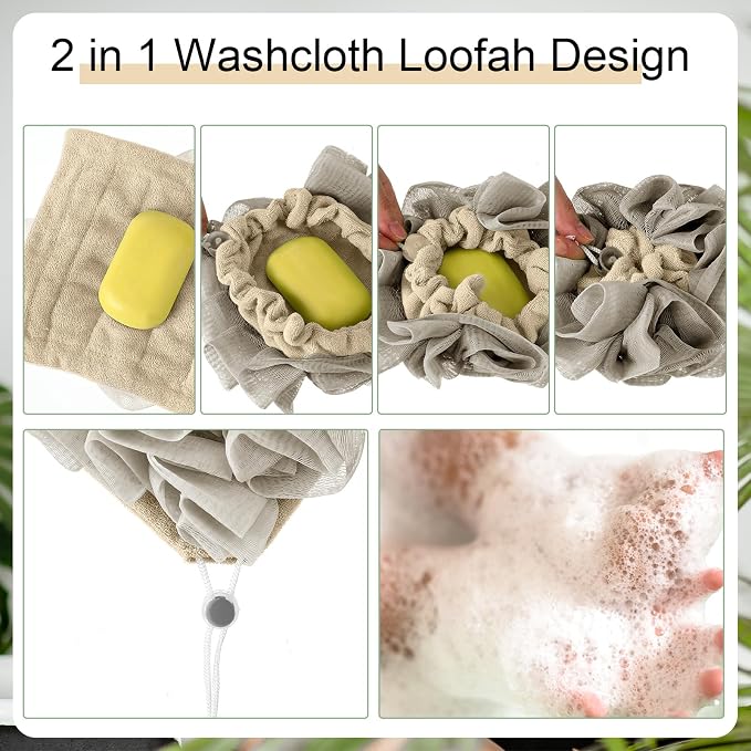 3 Pcs Washcloth Loofah Combo, 2 in 1 Bath Loofah Sponge - Image 4