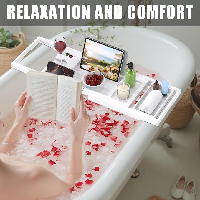 Foldable Bathtub Caddy Tray for Tub, Bamboo Expandable Bath Table Trays - Image 4