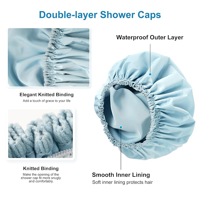 Shower Cap for Women, Double Layer Waterproof Bath Cap, Reusable Hair Protector - Image 5