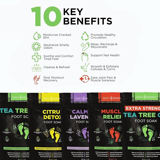 DAILY REMEDY Foot Soak Salts- Variety Pack of 4- Tea Tree Oil, Muscle Relief - Image 4