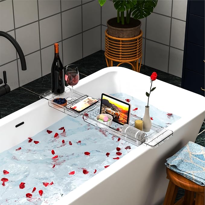 Yieach Luxury Tub Tray for Bathtub Expandable, Plastic Bath Board & Table - Image 2