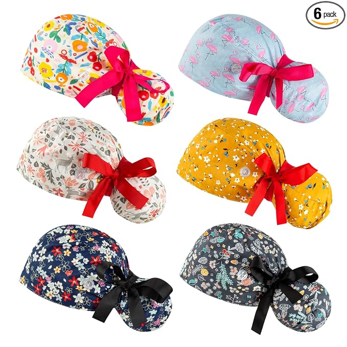 Scrub Caps Women Bouffant Scrub Caps, Adjustable Working Cap Ponytail Pouch Tie by YEAJOIN
