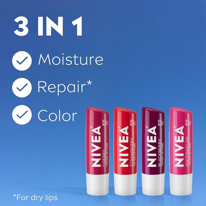 NIVEA Lip Care, Fruity Tinted Lip Balm Variety Pack, Strawberry, 3-in-1 Moisture - Image 3