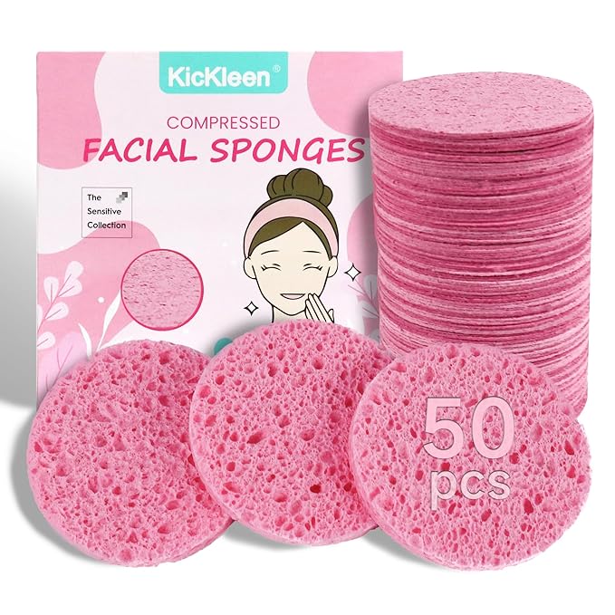 50-Count Compressed Facial Sponges|Kickleen 100% Natural Cellulose Cosmetic Spa by KICKLEEN