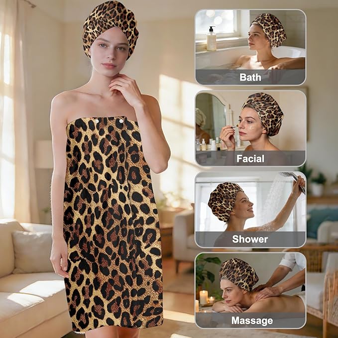 Absorbent Leopard Print Bath Towel Wrap Set - Image 2