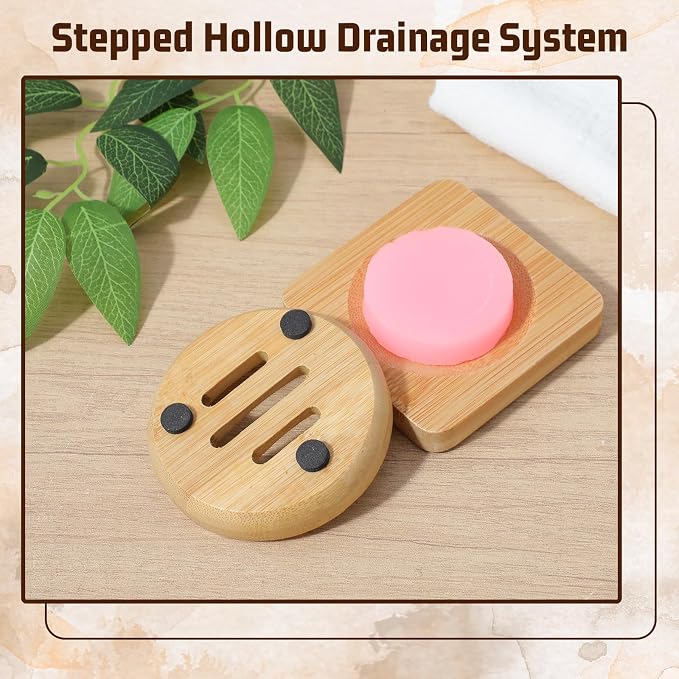 Ymapinc 2-Pack Natural Bamboo Soap Holder, Round+Square Bamboo Soap Dish & - Image 6
