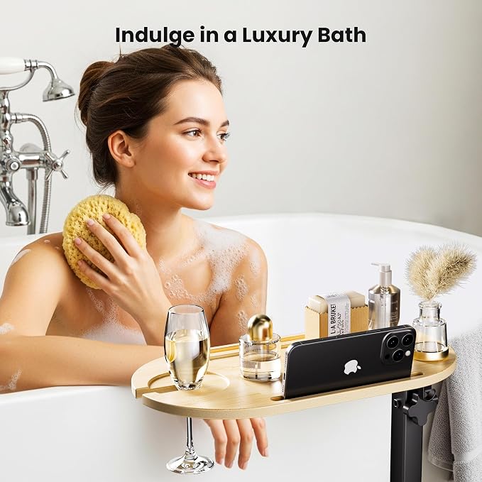 Bamboo Bathtub Table with Adjustable Height, Freestanding Bath Tray Caddy Board - Image 7