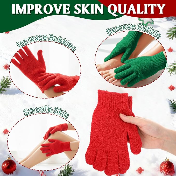 48 Pcs Red and Green Exfoliating Gloves Shower Gloves Bulk Christmas Stocking - Image 3