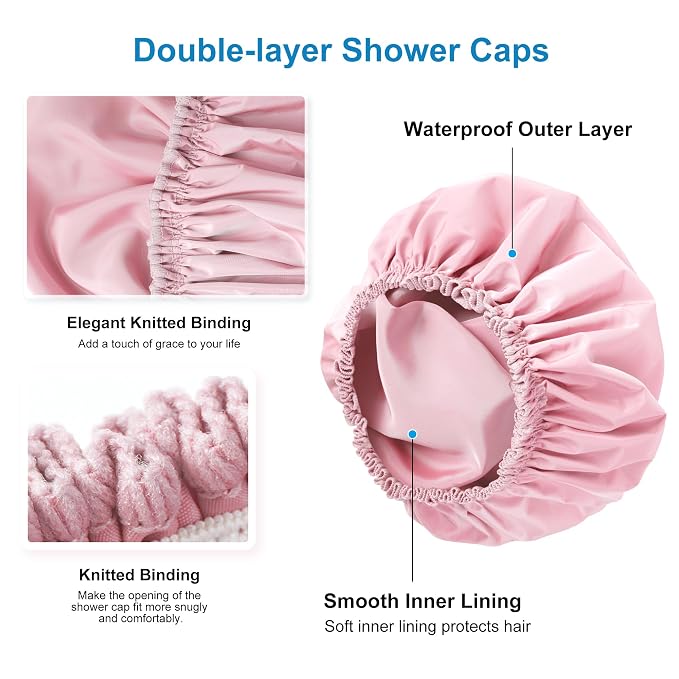 Shower Cap for Women, Double Layer Waterproof Bath Cap, Reusable Hair Protector - Image 5