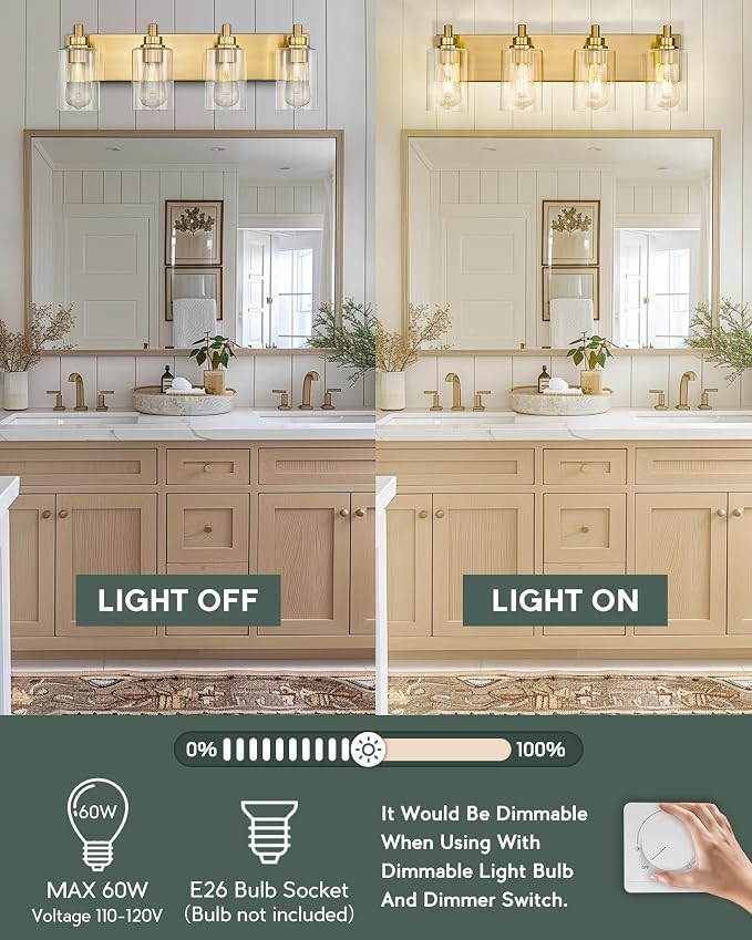 4-Light Bathroom Light Fixtures, Brushed Gold Vanity Light - Image 4
