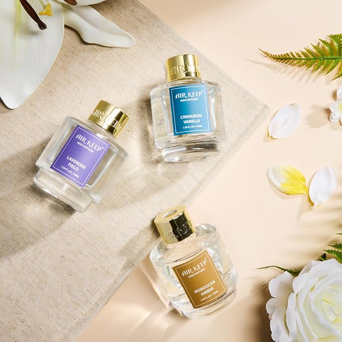 Airkeep Reed Diffuser Set of 3, Cinnamon Vanilla Lavender Field Moroccan Amber - Image 5