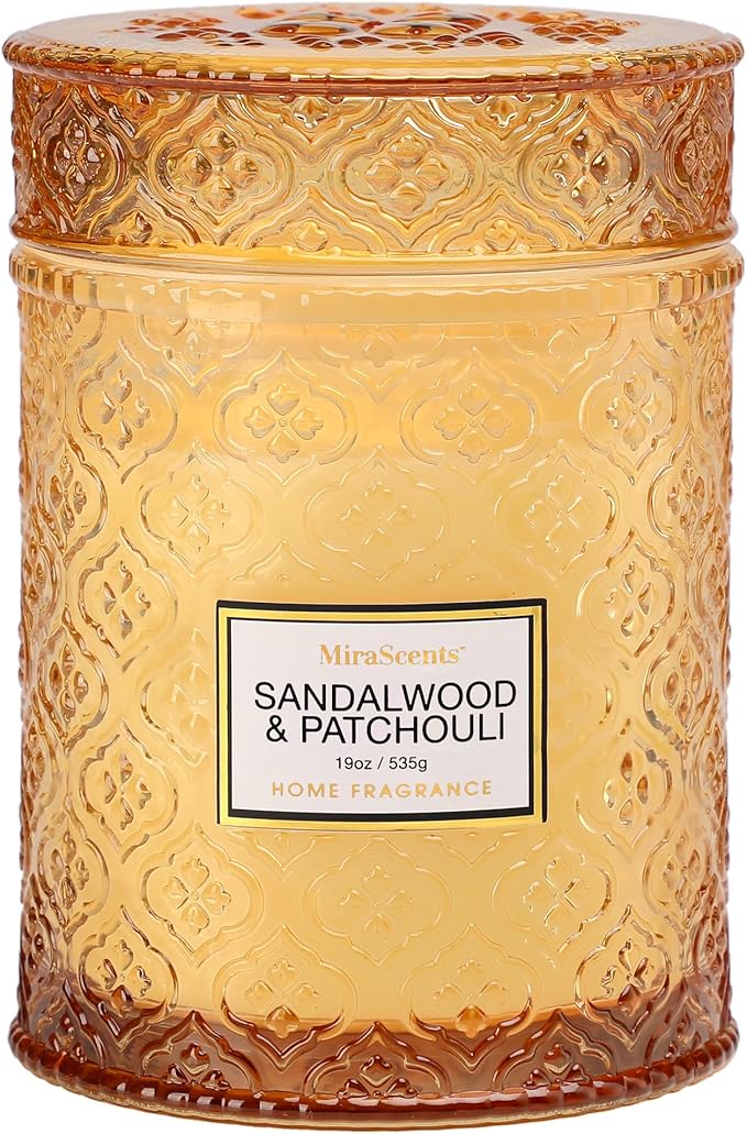 Sandalwood & Patchouli Candle, Luxury Decorative Glass Candle 19oz, Soy Wax by MiraScents