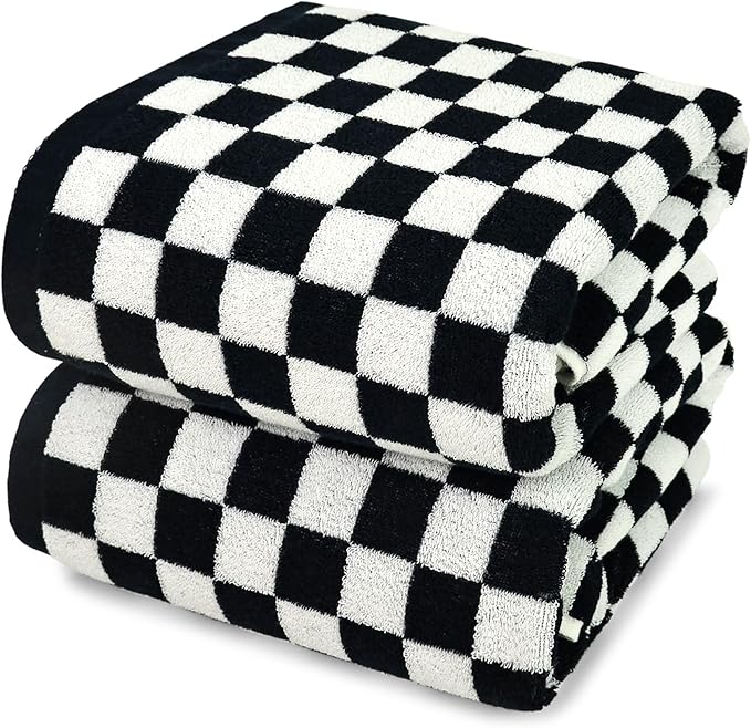 Jacquotha Black and White Checkered Cotton Bath Towels Set of 2 by Jacquotha