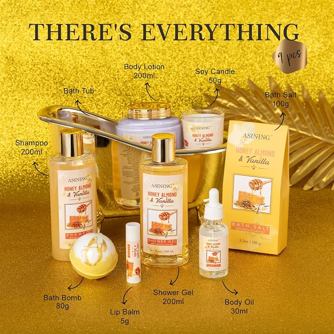 Spa Gift Baskets For Women and Men, Home Luxury Scents Honey Almond Bath Sets - Image 3