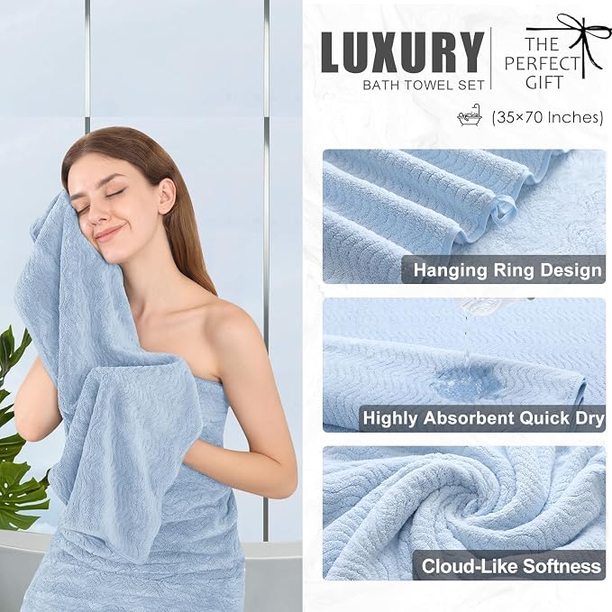 4 Piece Extra Large Bath Towel 35"x70" Oversized Bath Sheet Blue Bath Towel Set - Image 3