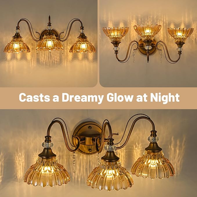 Vintage Bathroom Vanity Light, 3-Light Matte Antique Brass Finish Wall Sconce - Image 7
