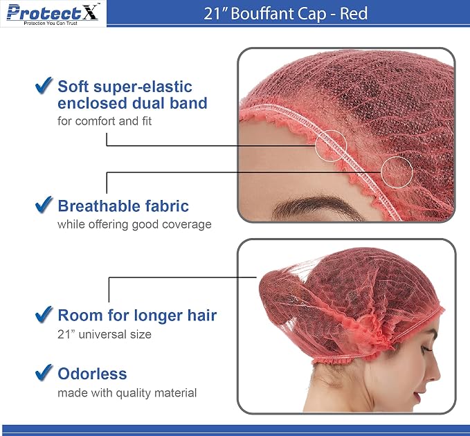 ProtectX Disposable Bouffant Caps Hair Head Cover Nets 21” - Image 3