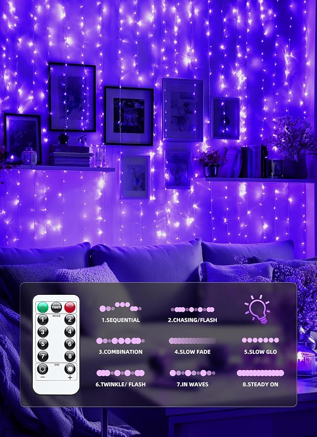 Brightown 300 LED Purple Fairy Curtain Lights, 9.8ft x 9.8ft String Lights - Image 5