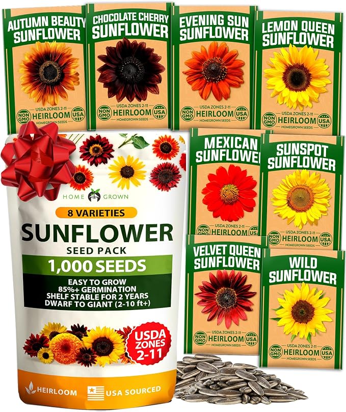 HOME GROWN Sunflower Seeds for Planting | 8 Varieties |1000+ Non-GMO Sun Flower by HOMEGROWN